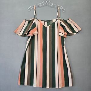 Shein Green White Stripe Mini Dress Classic Cold Shoulder Strappy Shift Women XL